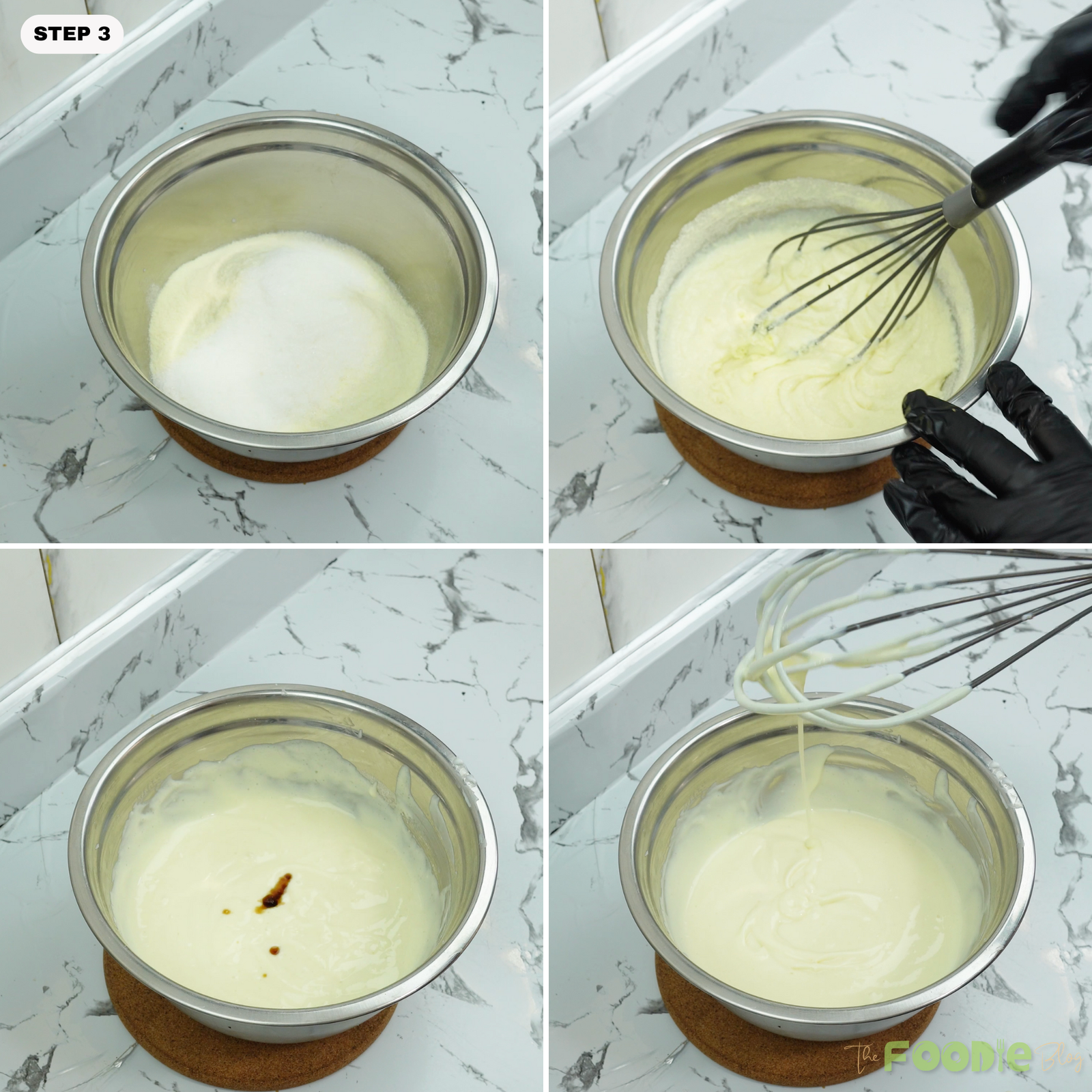 Sugar and creamy yogurt mixture being whisked until smooth in a mixing bowl