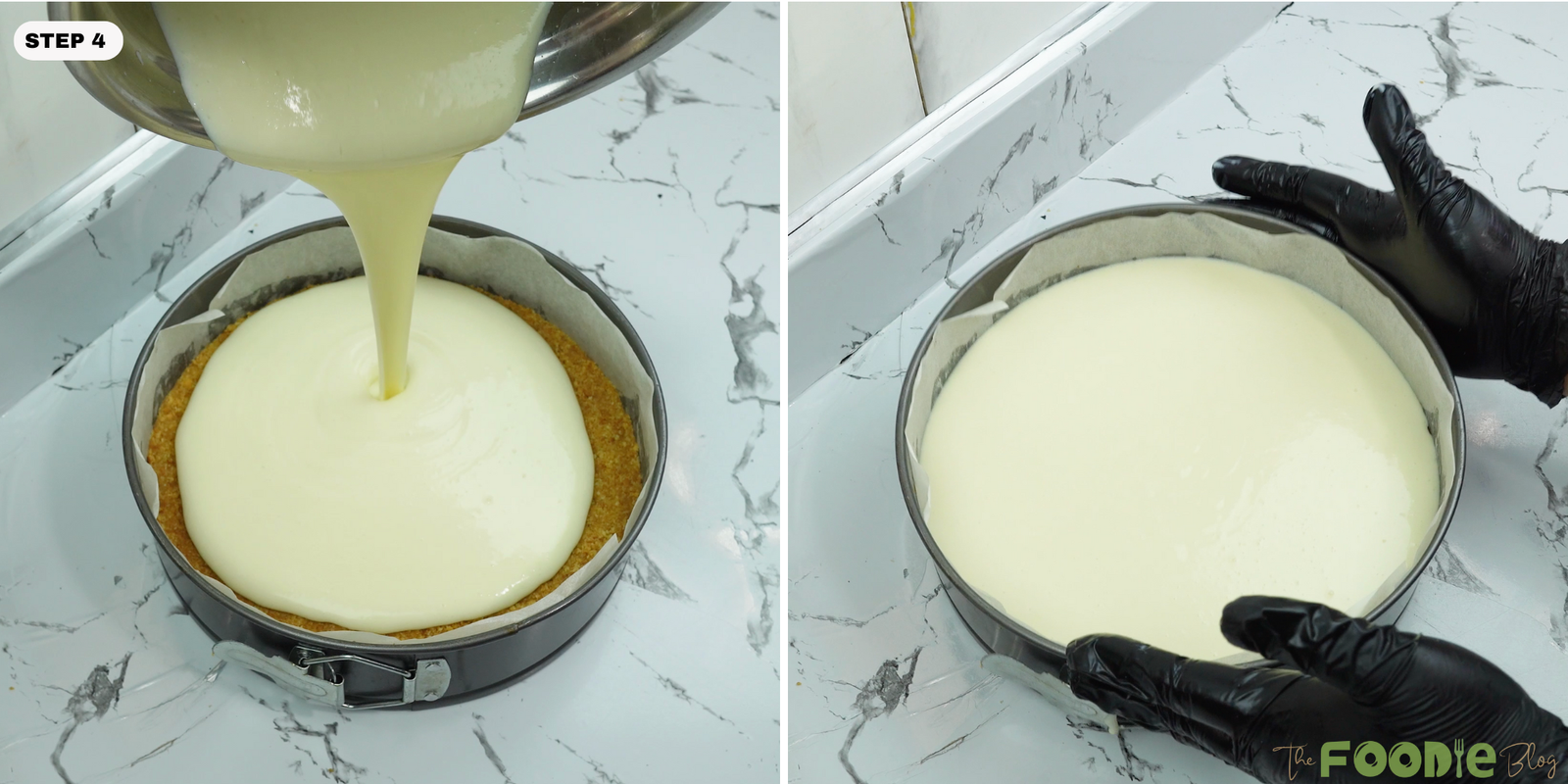 Creamy yogurt mixture poured into a springform pan over the biscuit crust