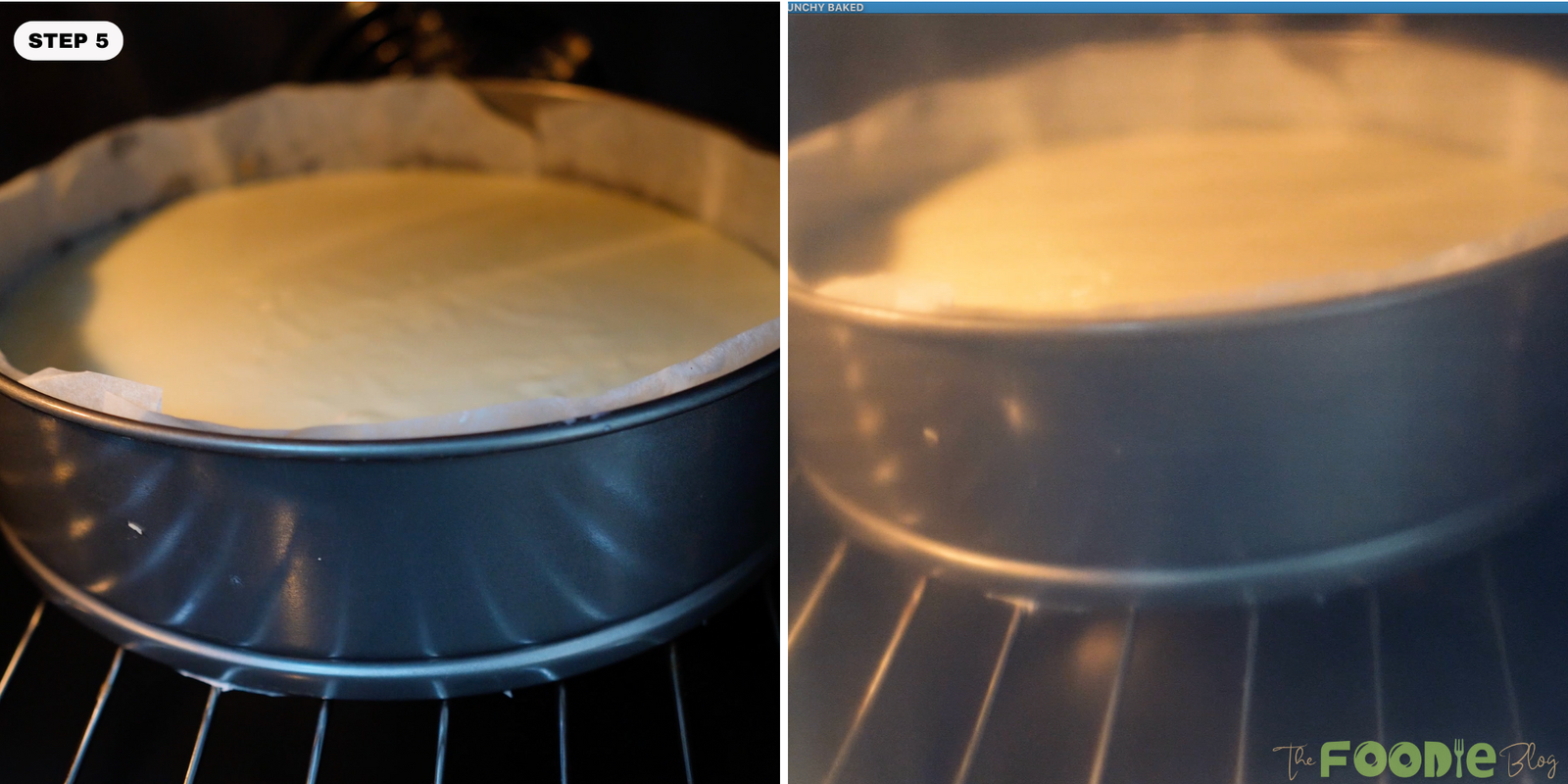 Cheesecake baking in the oven inside a springform pan