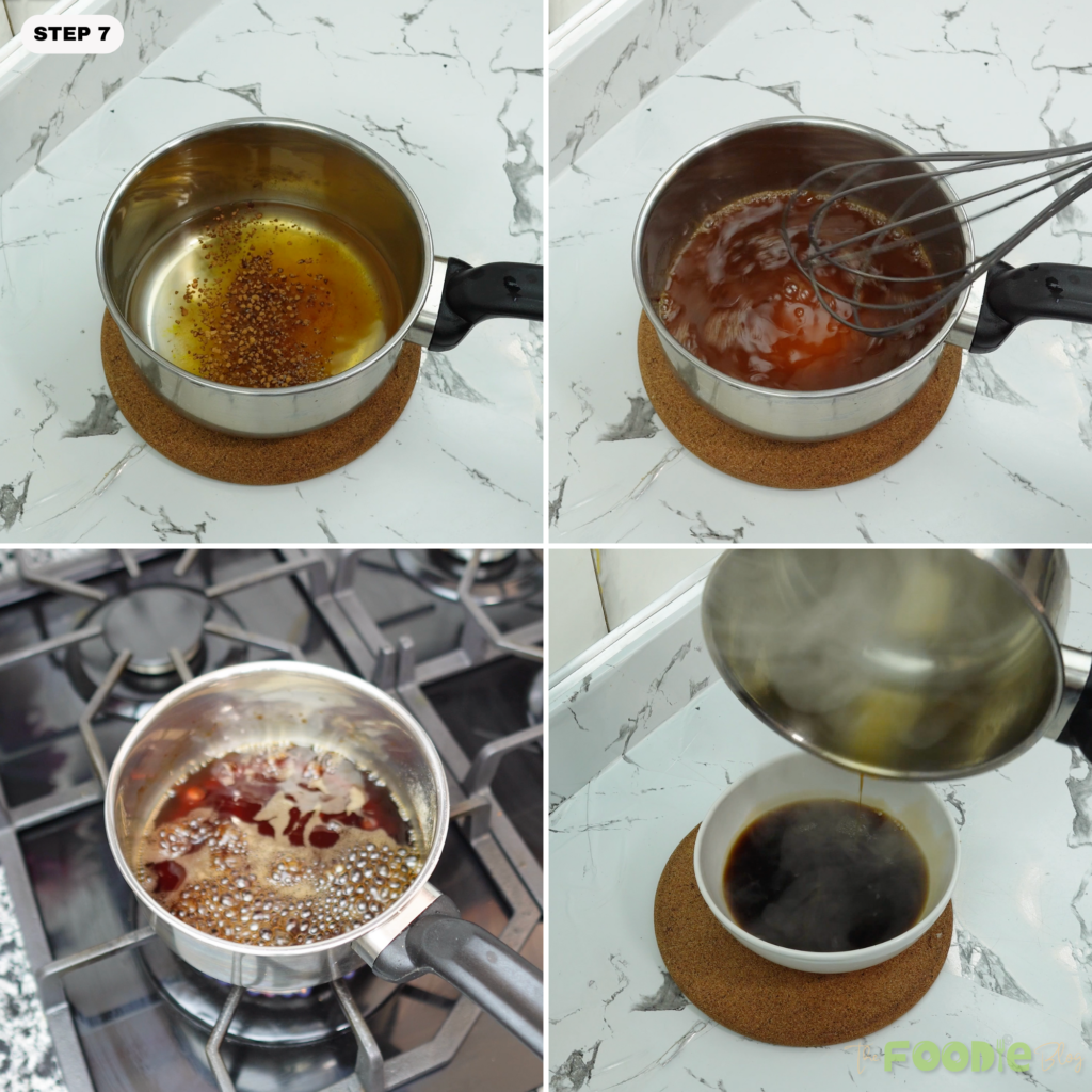 Coffee caramel mixture whisked in a saucepan until glossy and dark