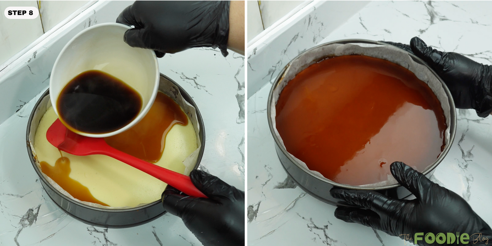 Coffee caramel topping poured over chilled cheesecake and spread with a spatula