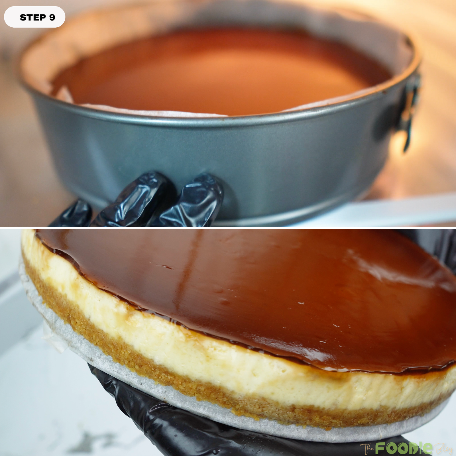 A finished cheesecake with a glossy coffee caramel top and a biscuit crust layer