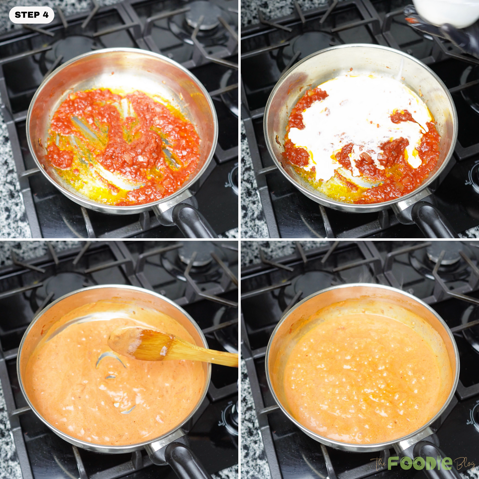 : Tomato sauce and heavy cream mixing in a skillet to form a creamy pink sauce