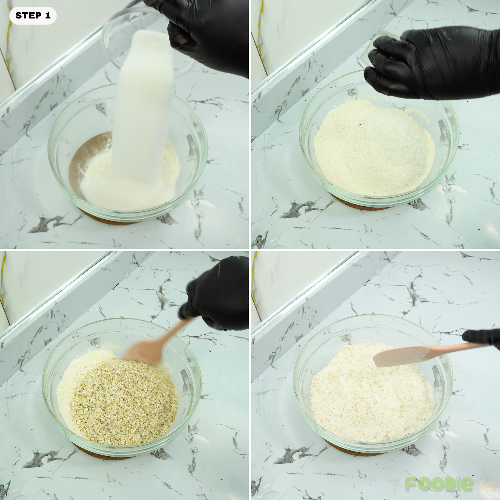 Dry ingredients being combined in a glass bowl with a spatula