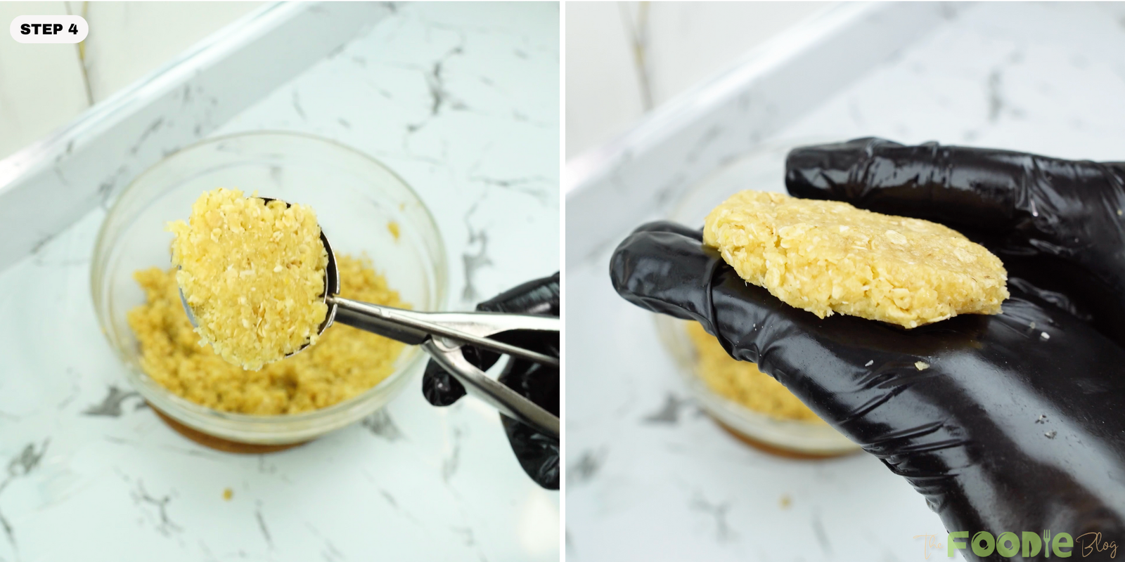 Dough portion being scooped and flattened into a thin round by hand