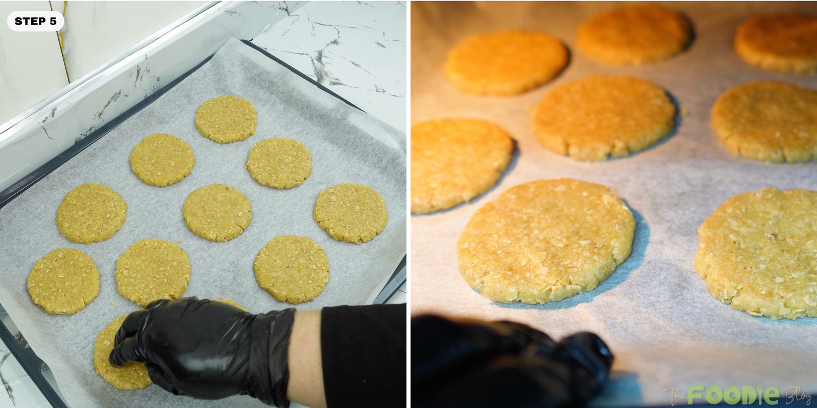 Flattened biscuit rounds arranged on a parchment-lined cookie sheet