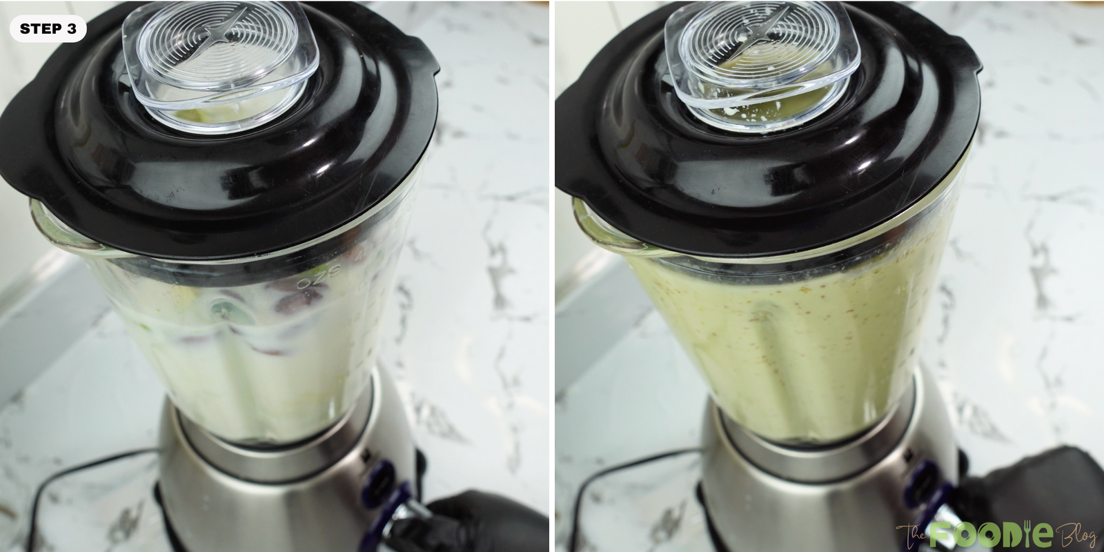 Blender blending the avocado date almond mixture into a smooth creamy drink