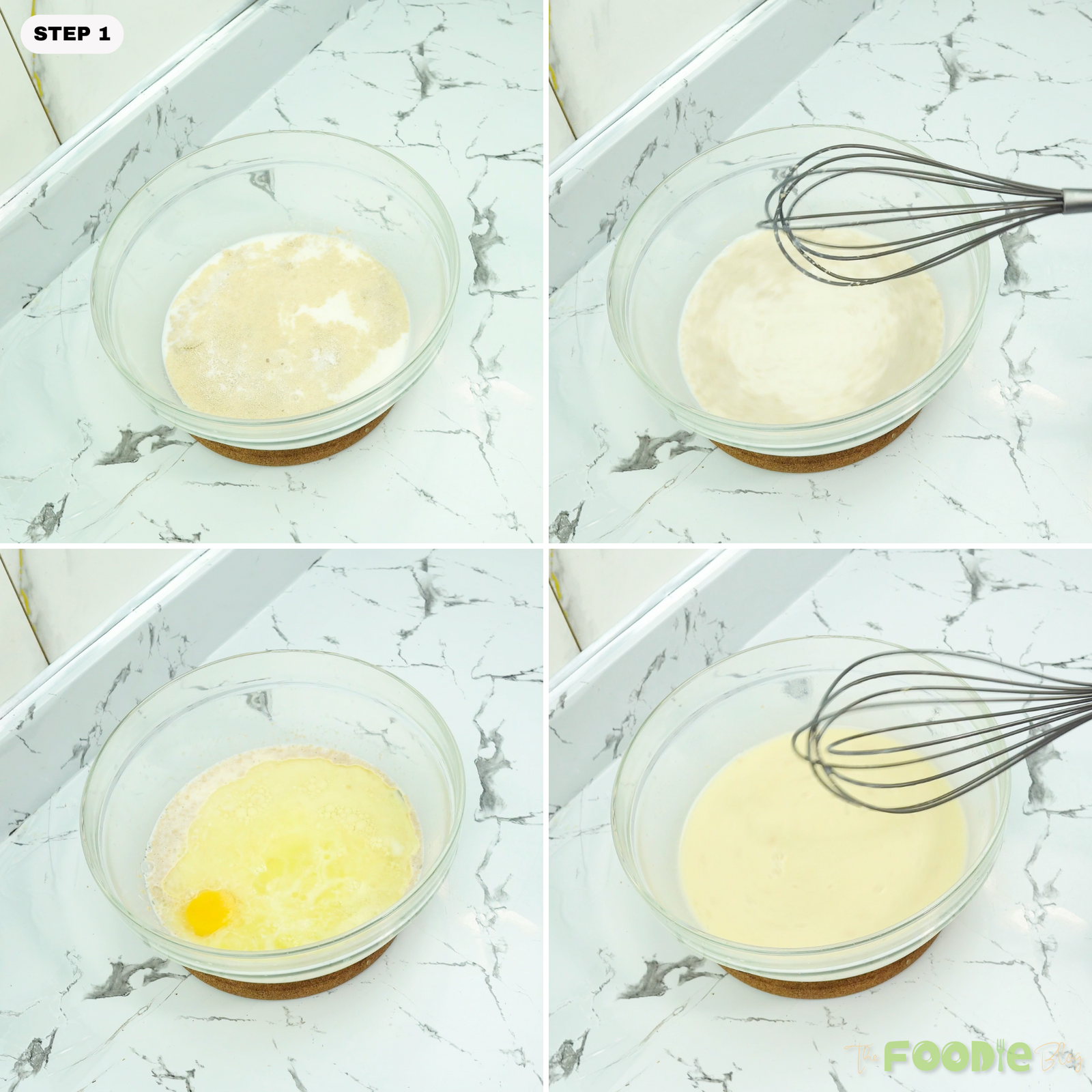 Yeast mixture being whisked in a glass bowl