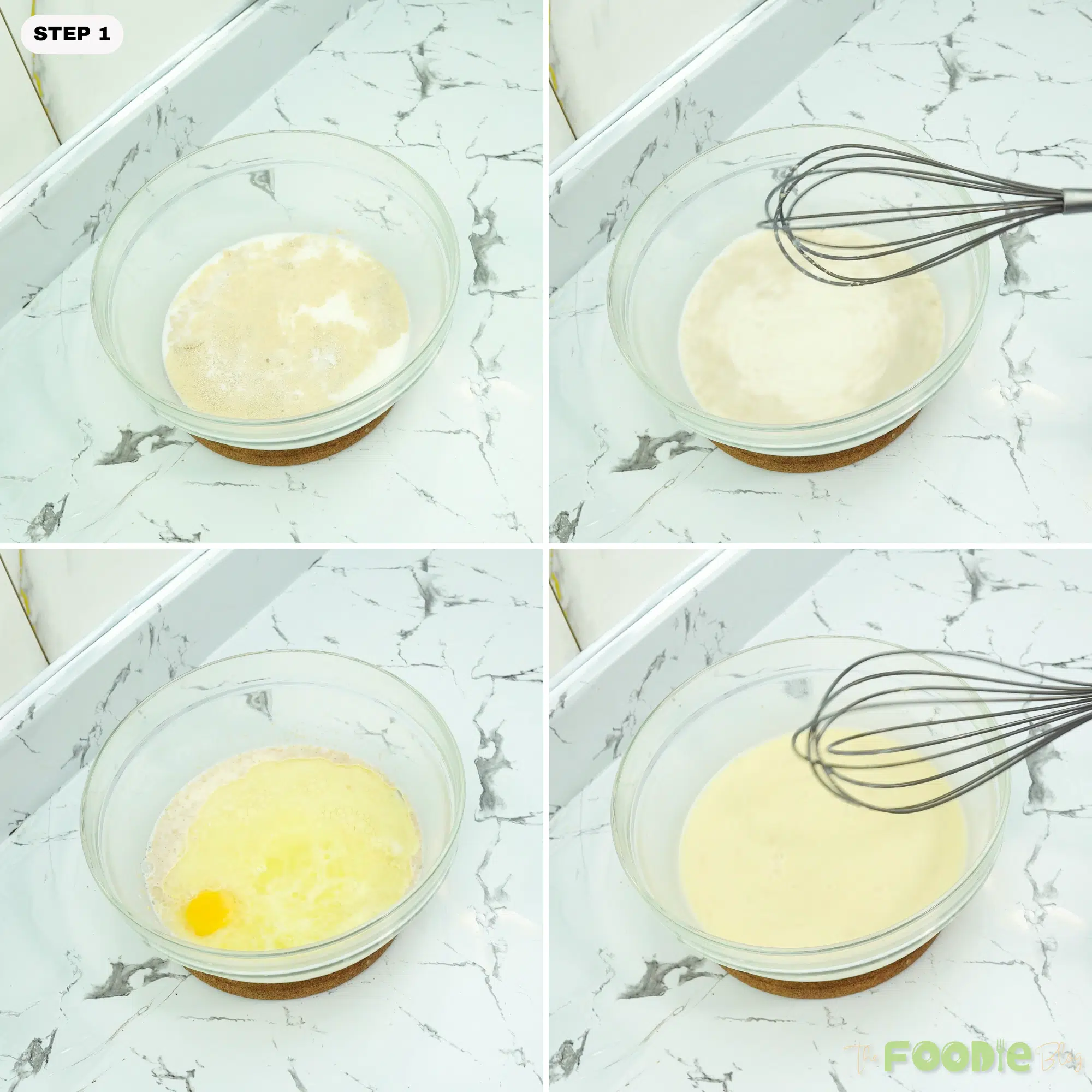 Yeast mixture being whisked in a glass bowl