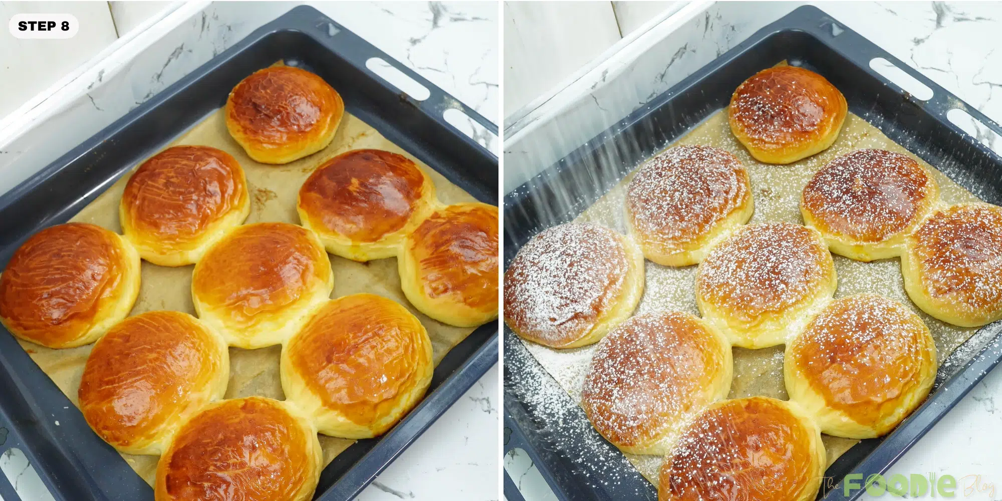 Freshly baked golden brioche buns in a baking pan