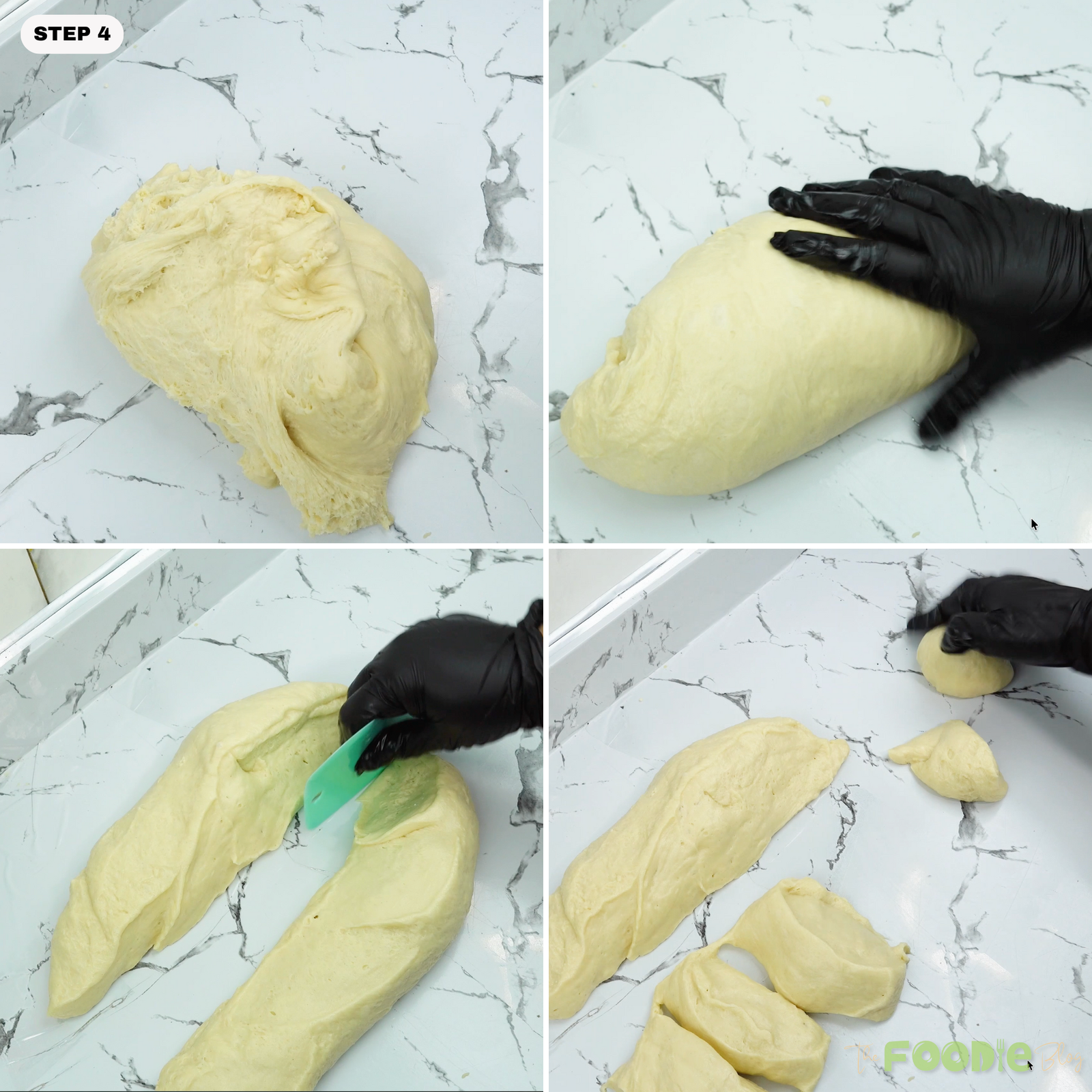 Brioche dough being stretched, cut, and divided into portions on a countertop