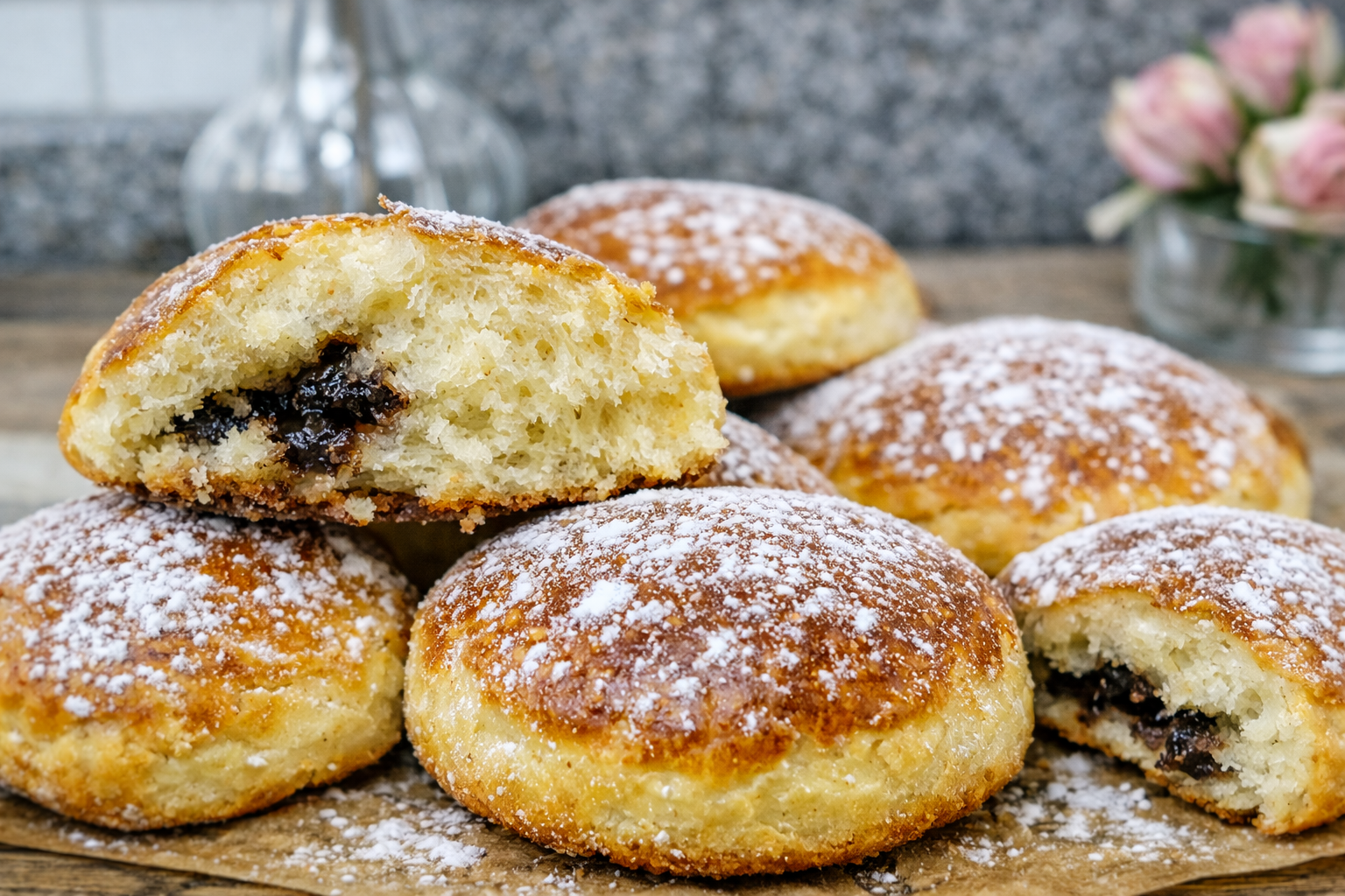 Freshly baked brioche with chocolate doughnuts dusted with powdered sugar, with one cut open.
