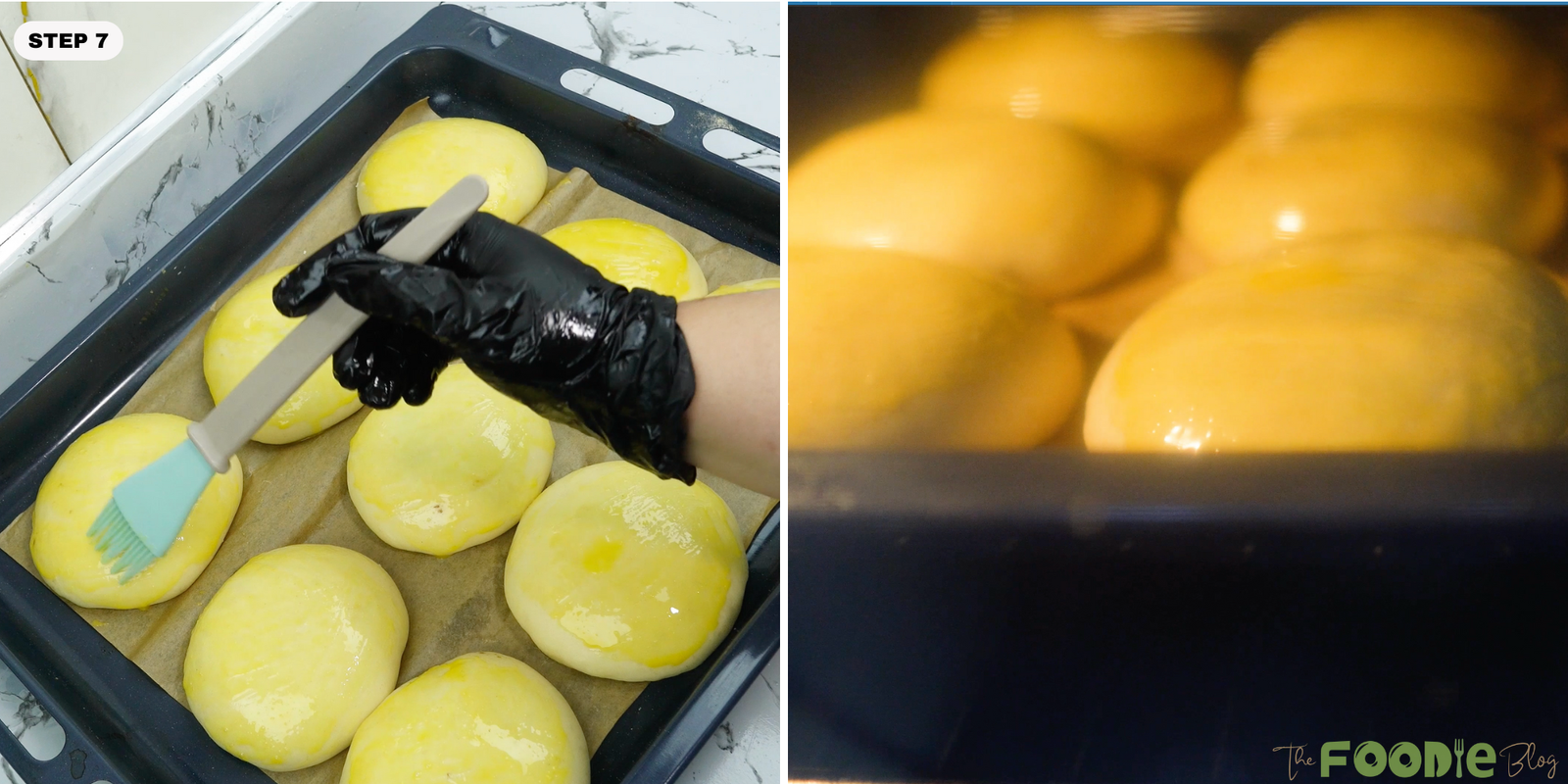 Egg wash brushed over risen brioche buns before baking