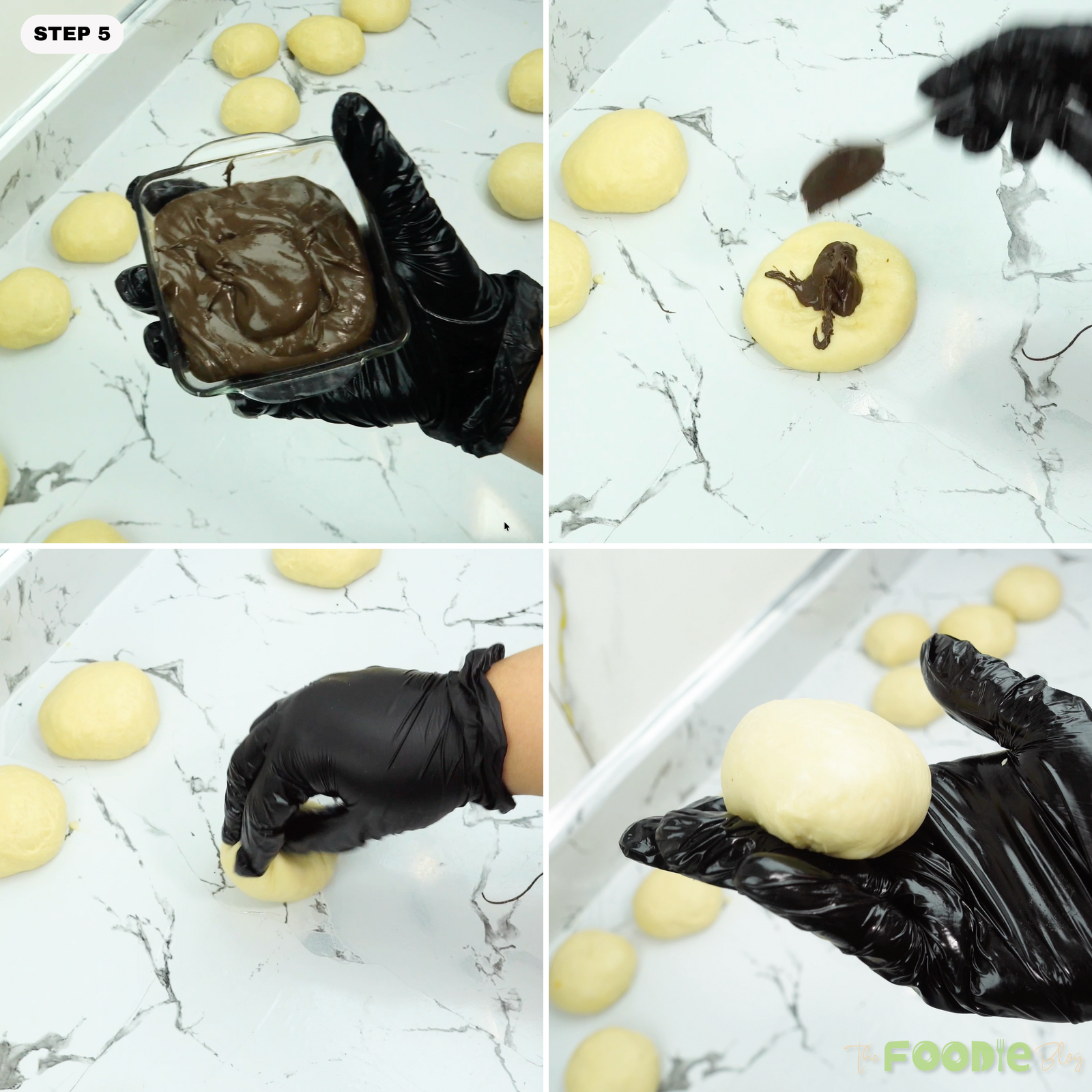 Chocolate spread added to dough rounds before sealing into balls