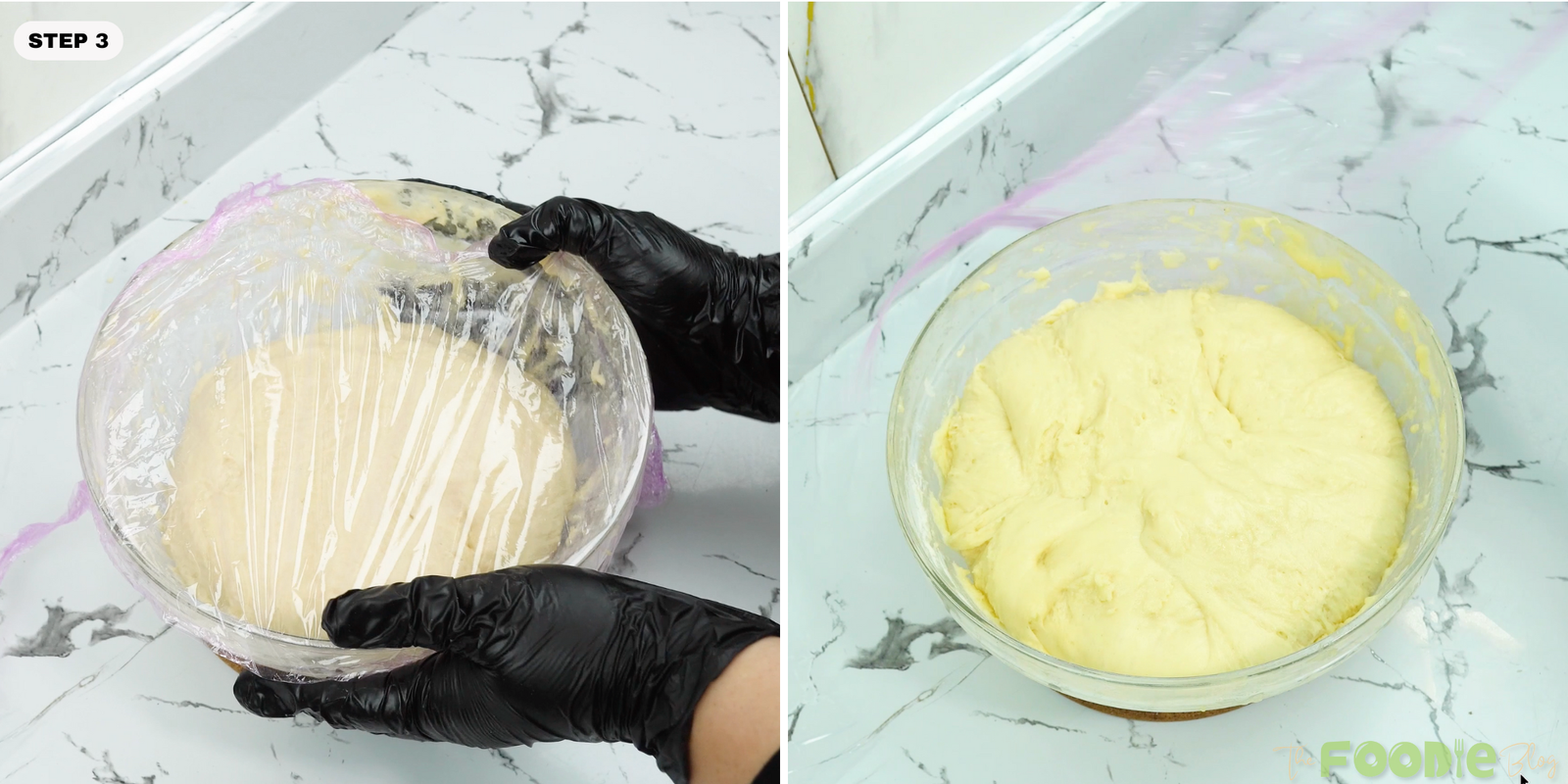 Brioche dough covered and then shown risen and puffy in the bowl