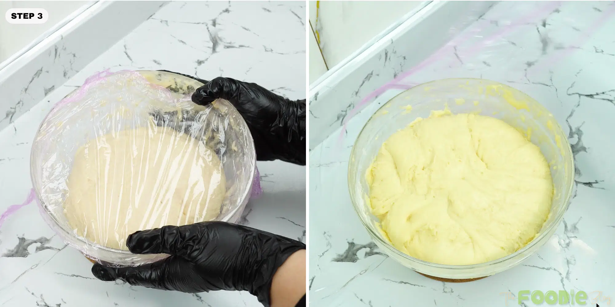 Brioche dough covered and then shown risen and puffy in the bowl
