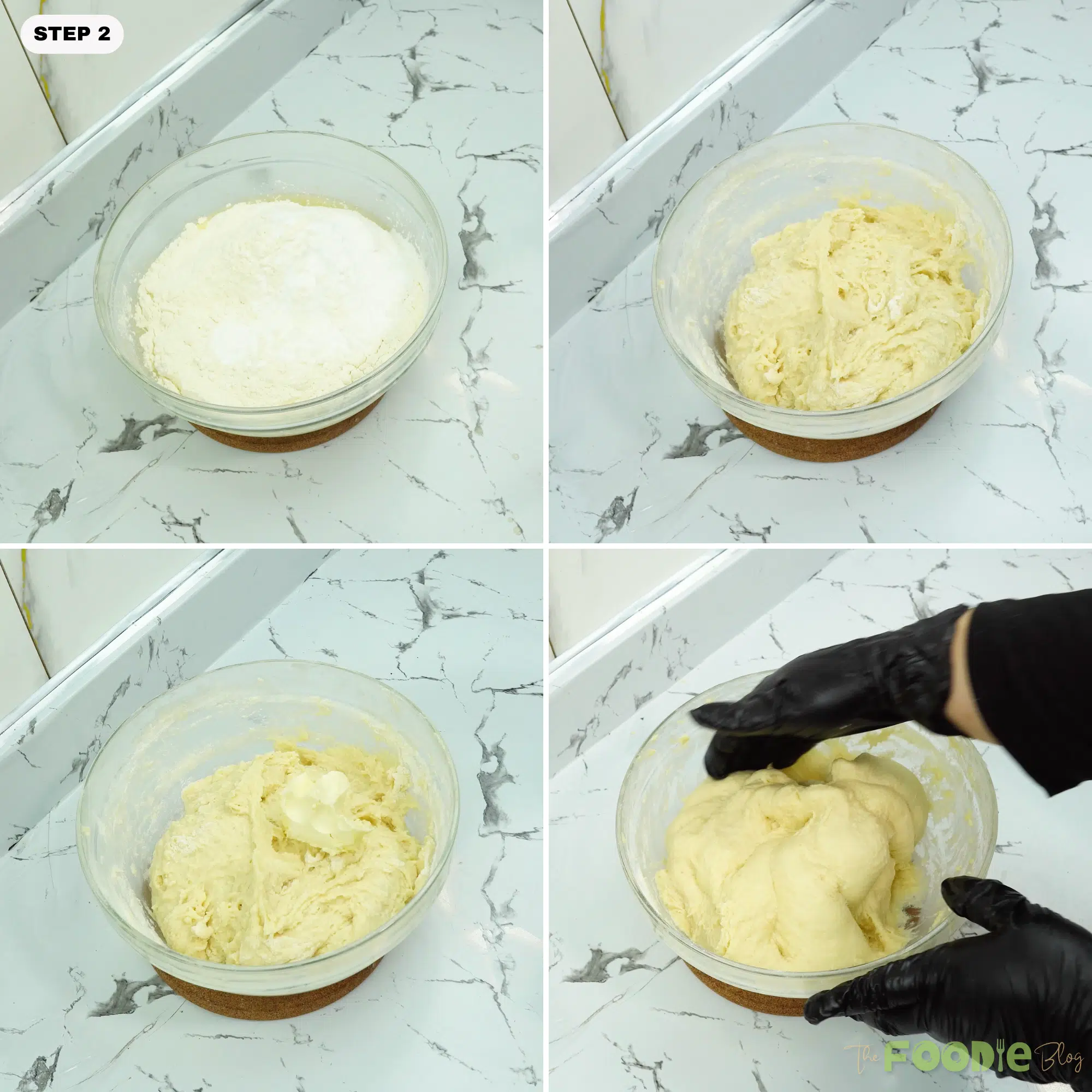 Soft dough being mixed and kneaded in a glass bowl