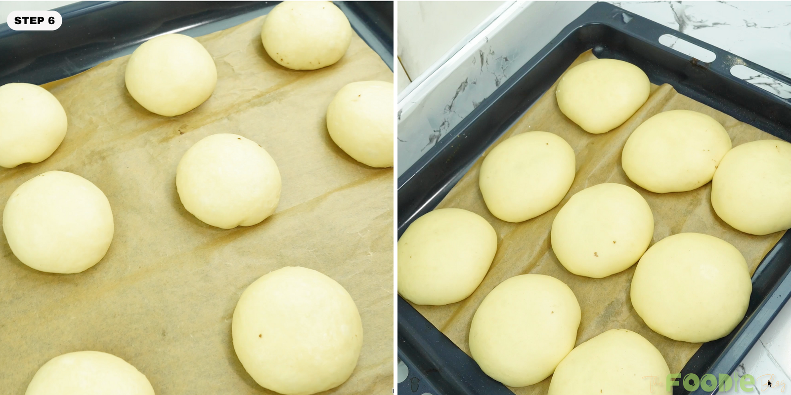 Round brioche dough balls proofing on parchment-lined baking sheet