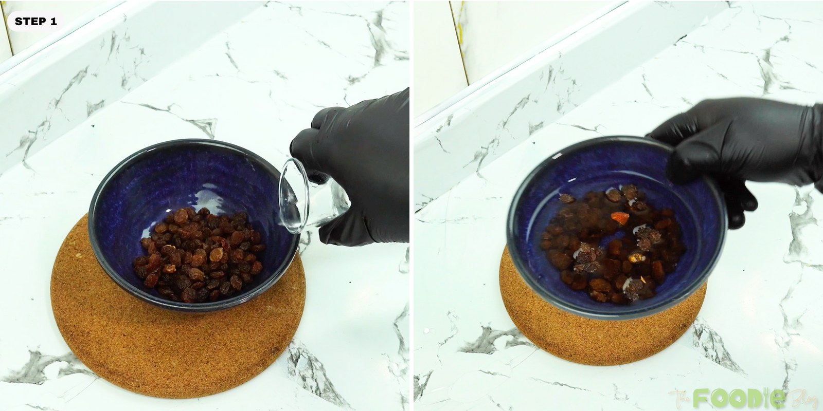 Raisins in a bowl as water is poured over them to soak
