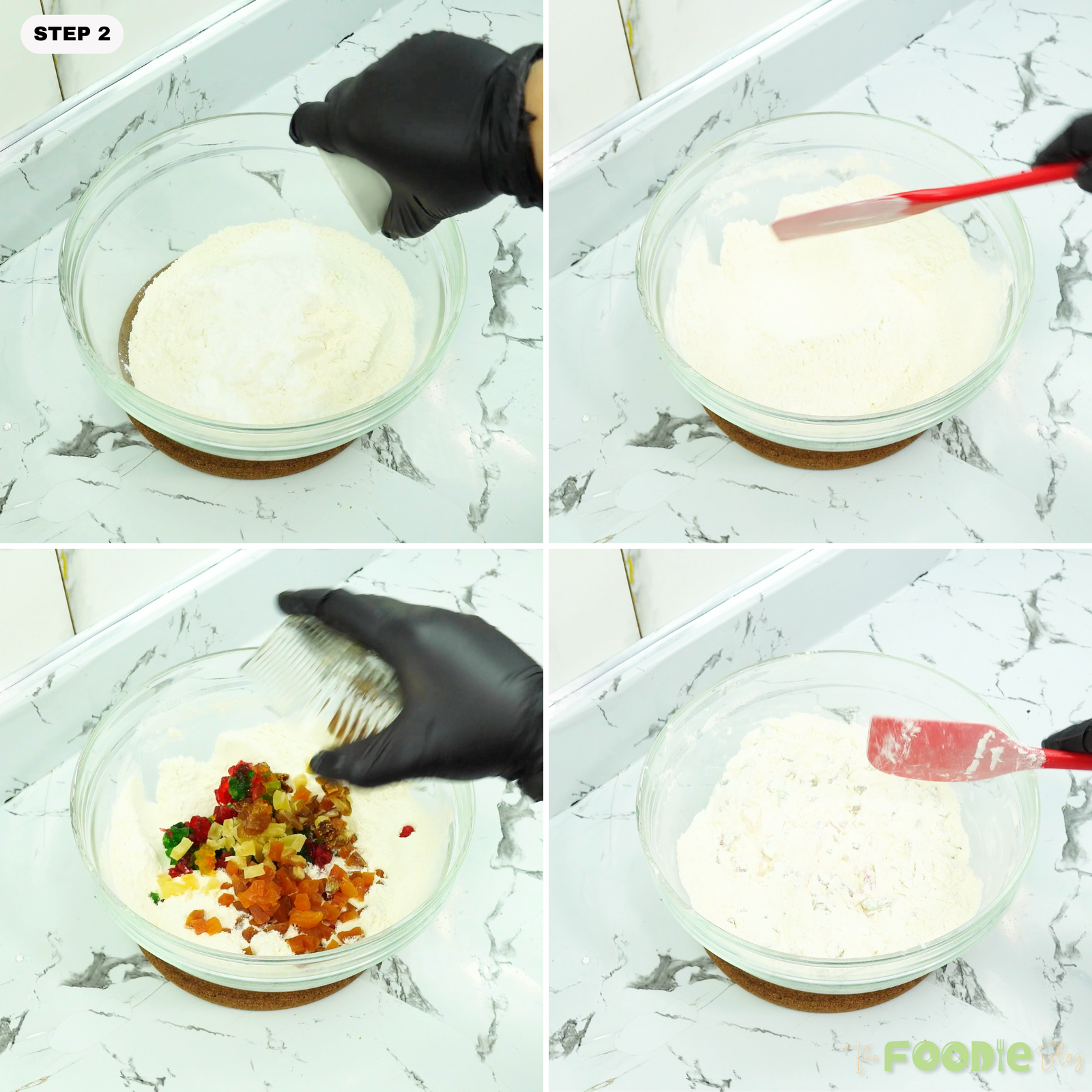 Flour mixture in a bowl being stirred with candied fruit added in