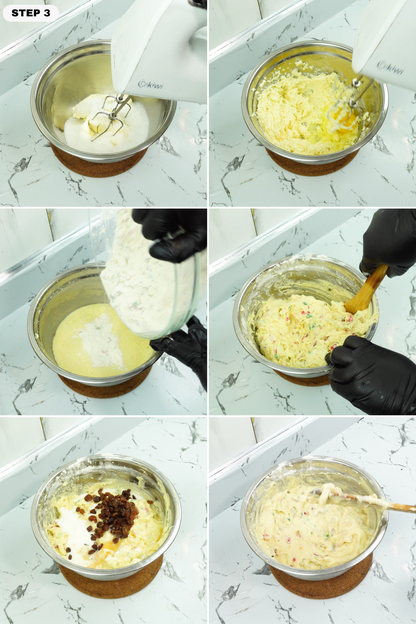 Butter and sugar being mixed, then batter stirred with fruit and raisins