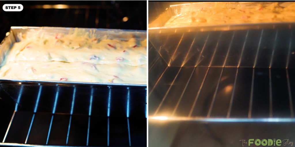 Loaf pan filled with batter placed inside the oven to bake