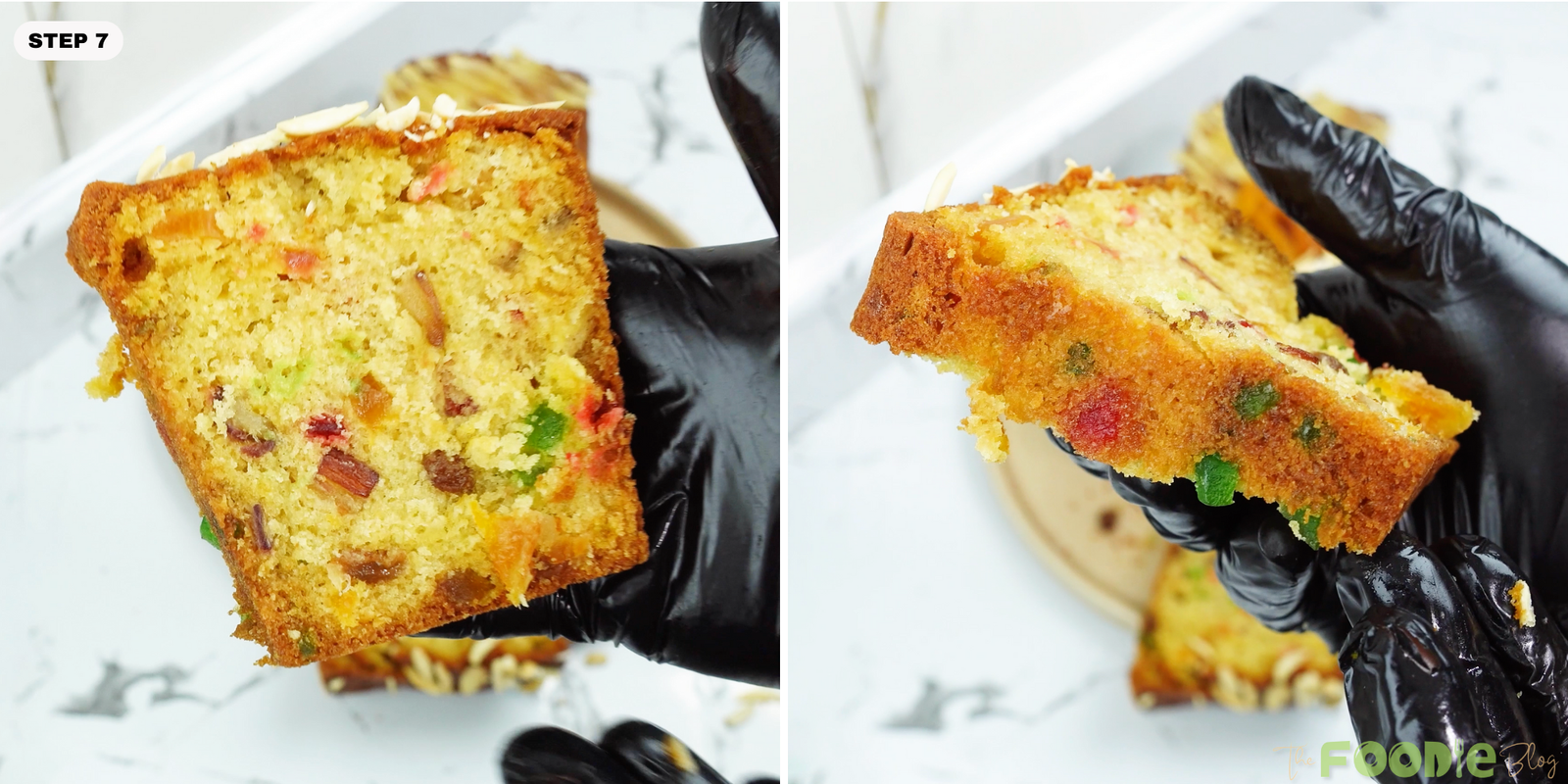 Step-by-step collage showing a slice of candied fruit cake being held and a cross-section of the loaf.