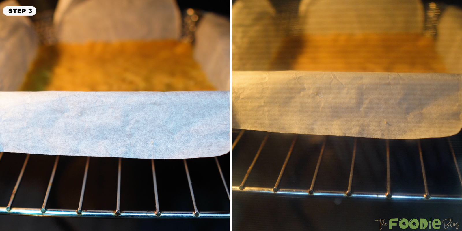 Caramel slice base baking in the oven on a middle rack