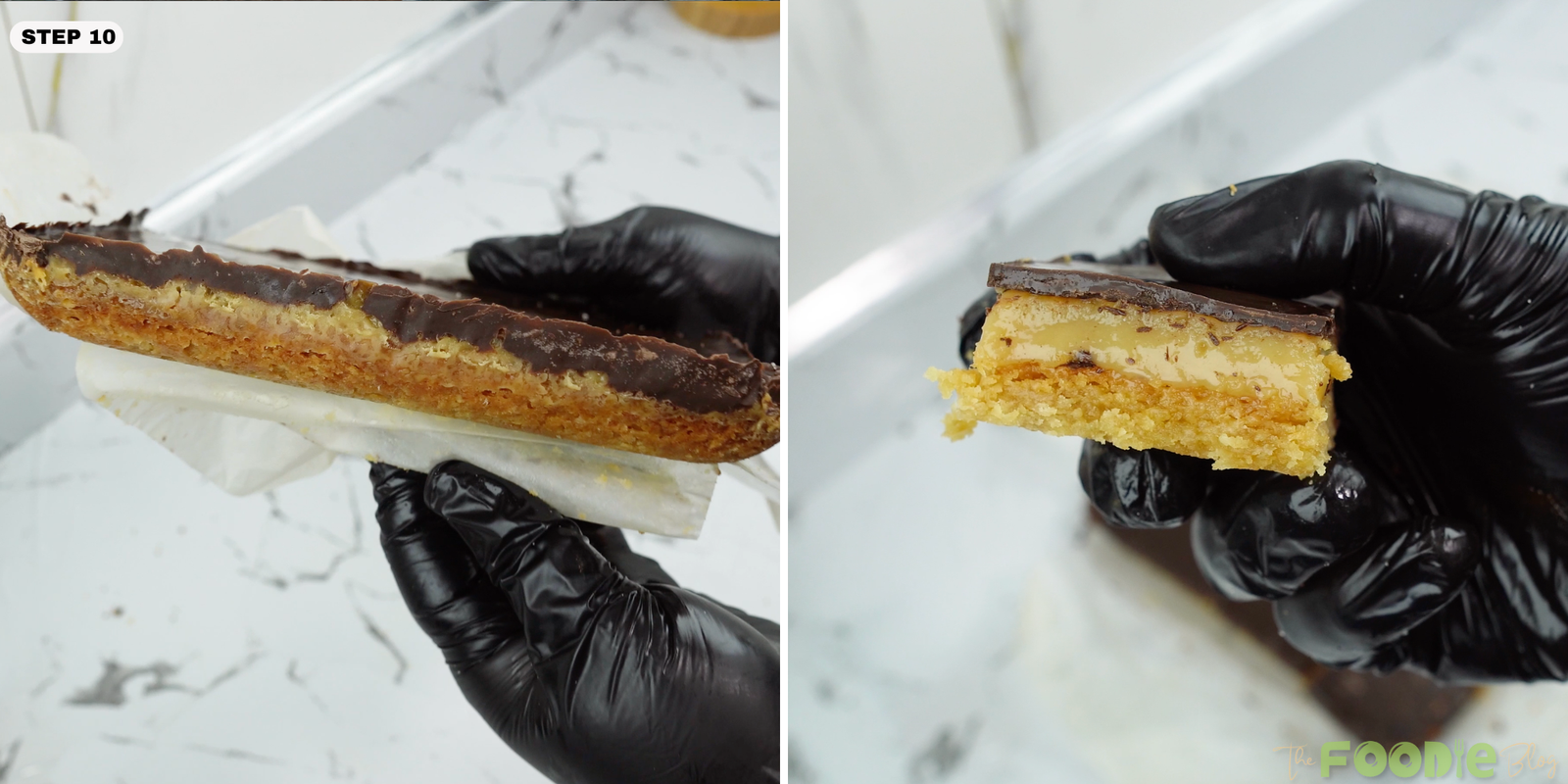 Close-up caramel slice bar showing base, caramel layer, and chocolate topping