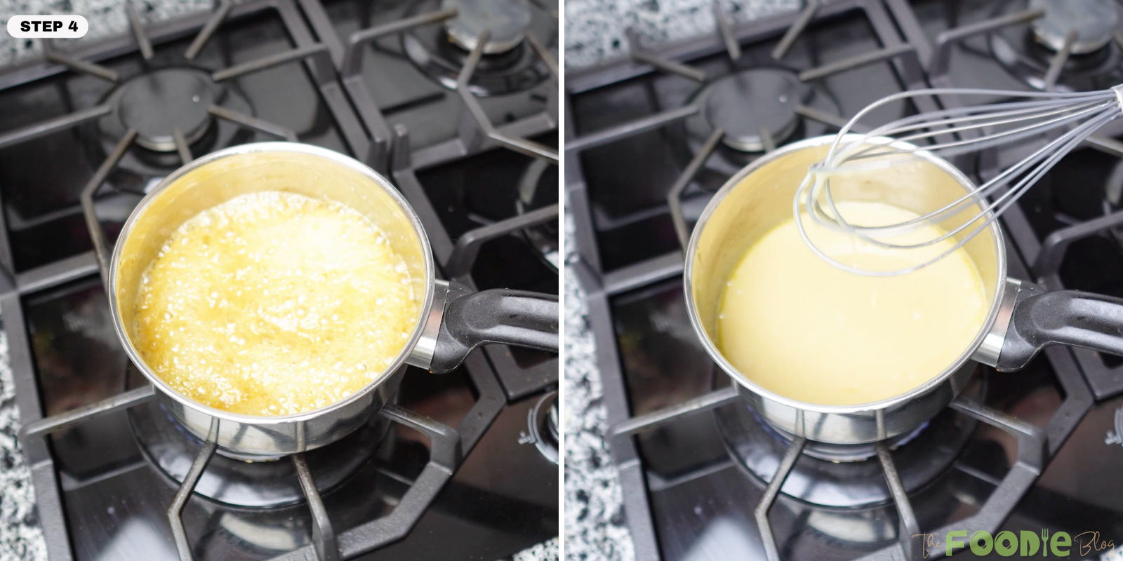 Butter and condensed milk caramel cooking in a saucepan while whisking