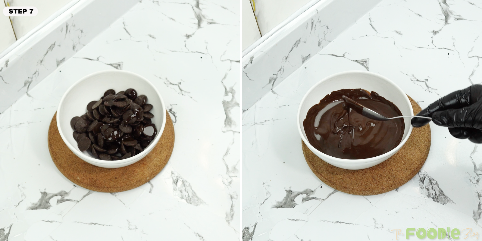 Melted chocolate stirred in a bowl until smooth and glossy