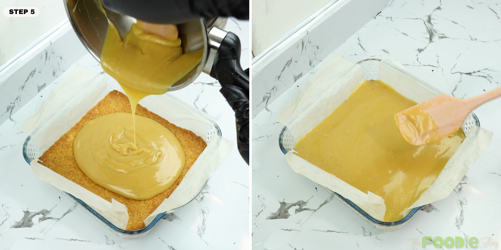 Pouring thick caramel filling over the baked base and smoothing it evenly