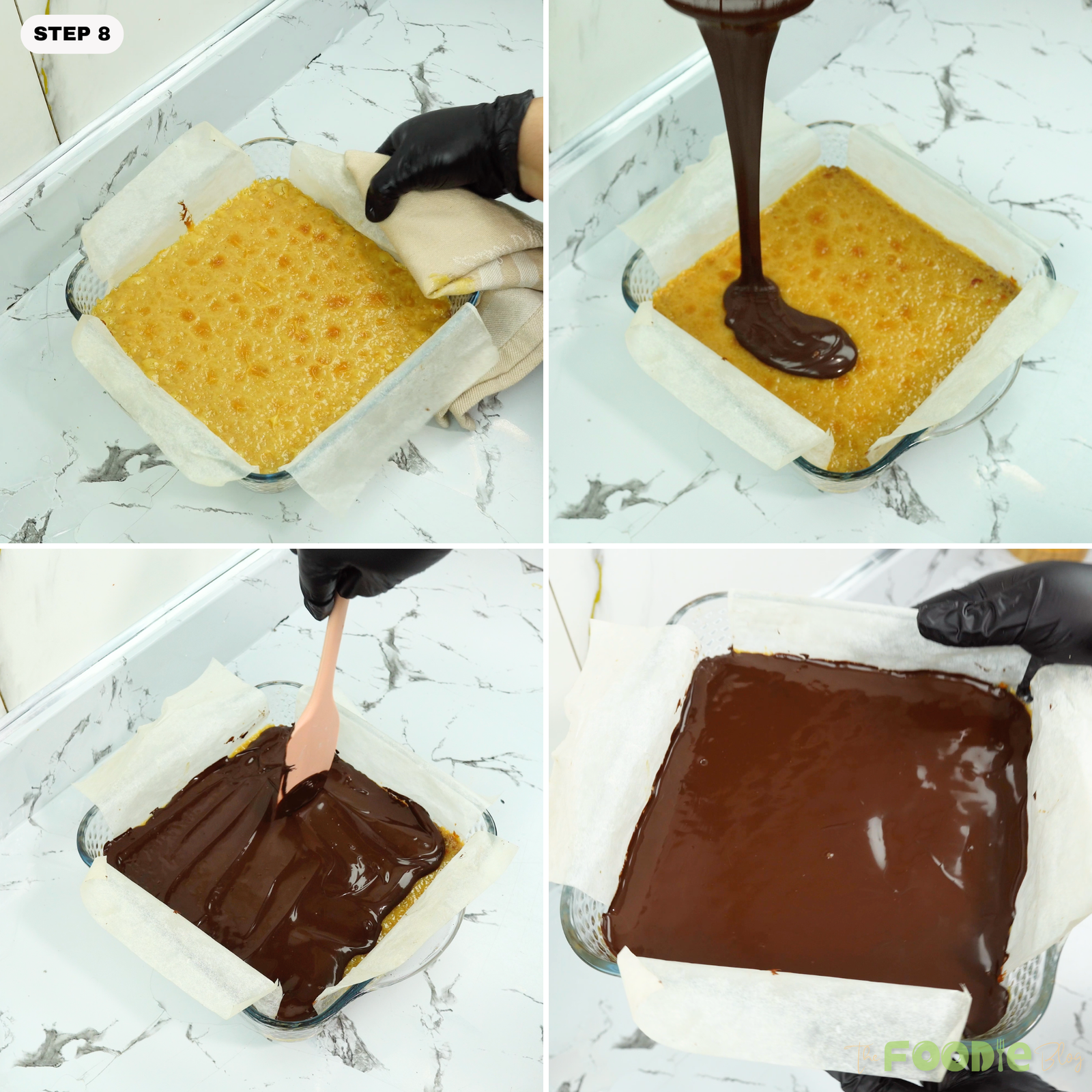Pouring melted chocolate over the caramel layer and spreading it evenly