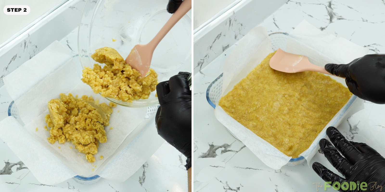 Pressing the caramel slice base evenly into a parchment-lined square pan