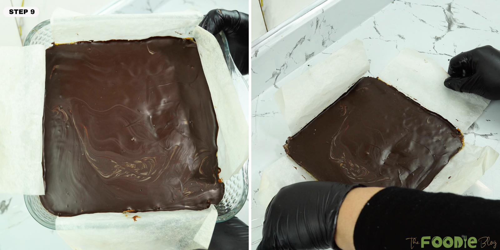 Caramel slice in pan with firm chocolate topping ready to lift out and cut