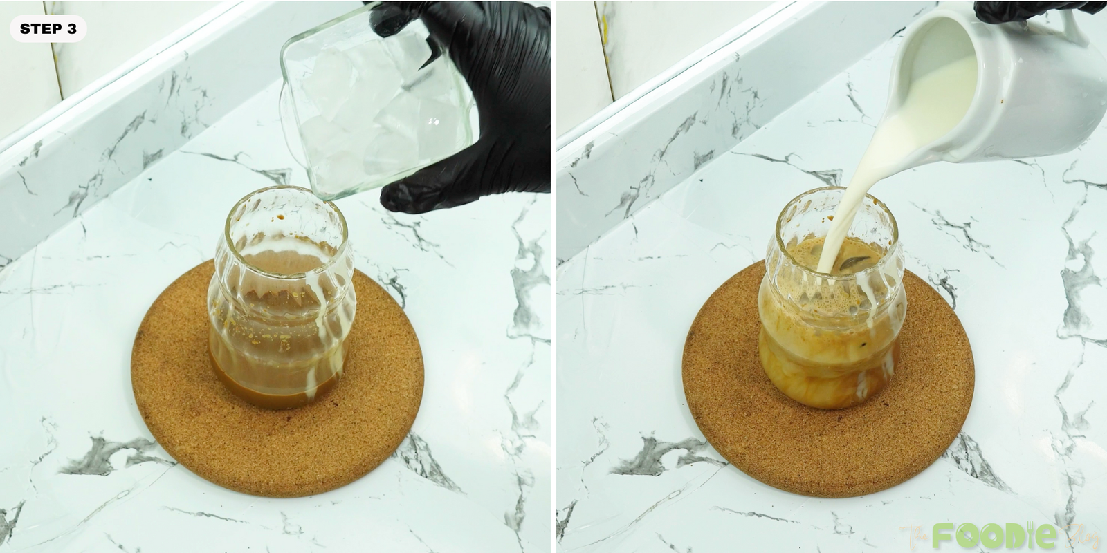 Ice cubes added to the glass and milk poured in to make the iced coffee creamy