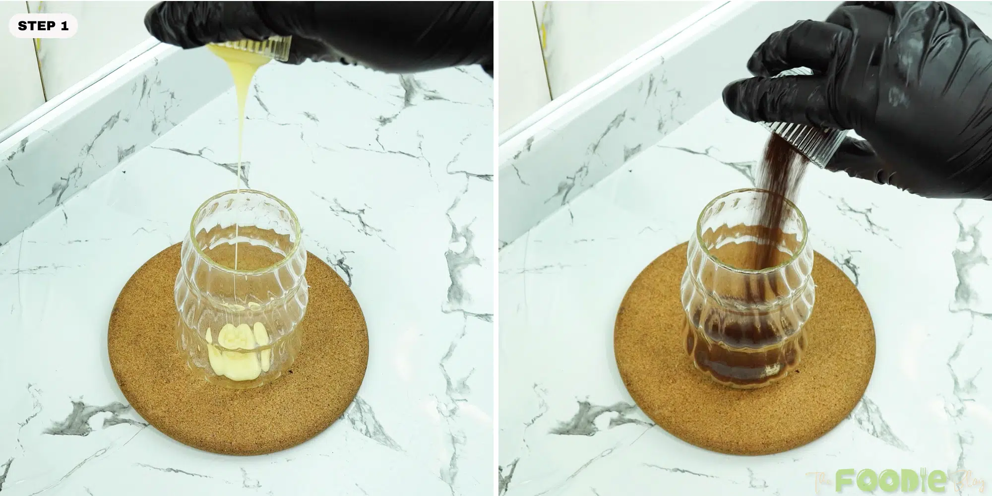 Sweetened milk and instant coffee being added to a glass to start the chilled coffee