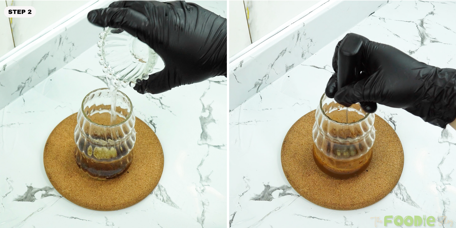 Water poured into the glass and stirred to dissolve instant coffee with sweetened milk