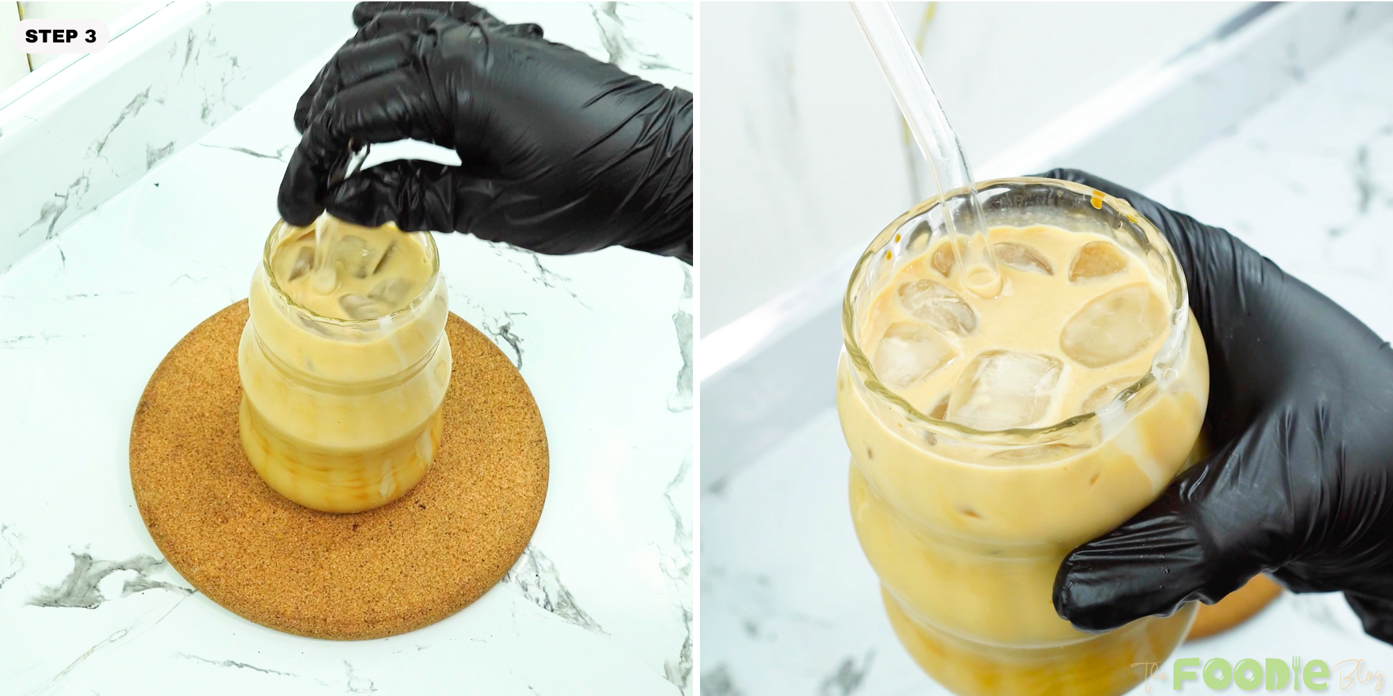 Stirring chill coffee in a glass with ice cubes until smooth and creamy.
