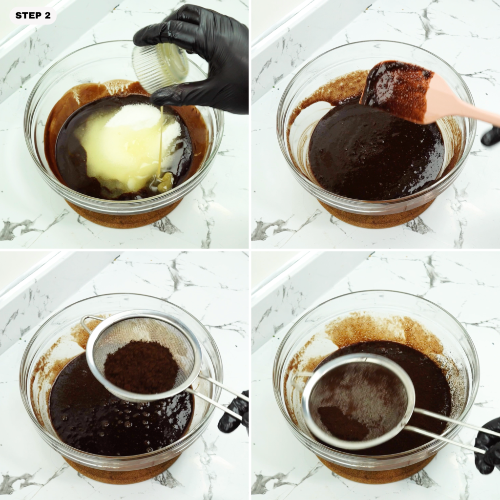 Sugar and oil added to melted chocolate, then cocoa being sifted into the bowl