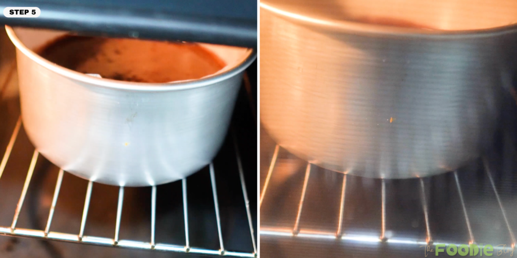 Round cake pan on an oven rack while the chocolate cake bakes