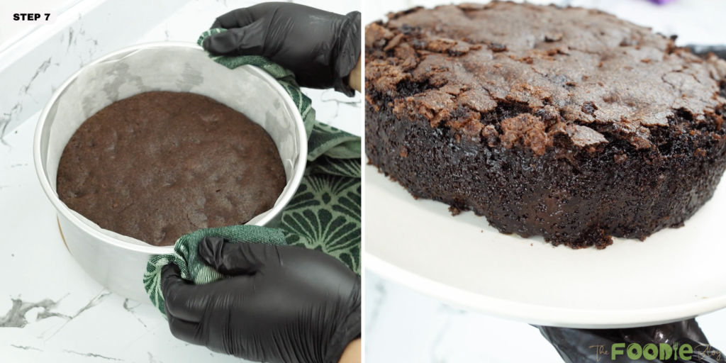Baked chocolate cake in the pan and unmolded cake on a plate showing a cracked top