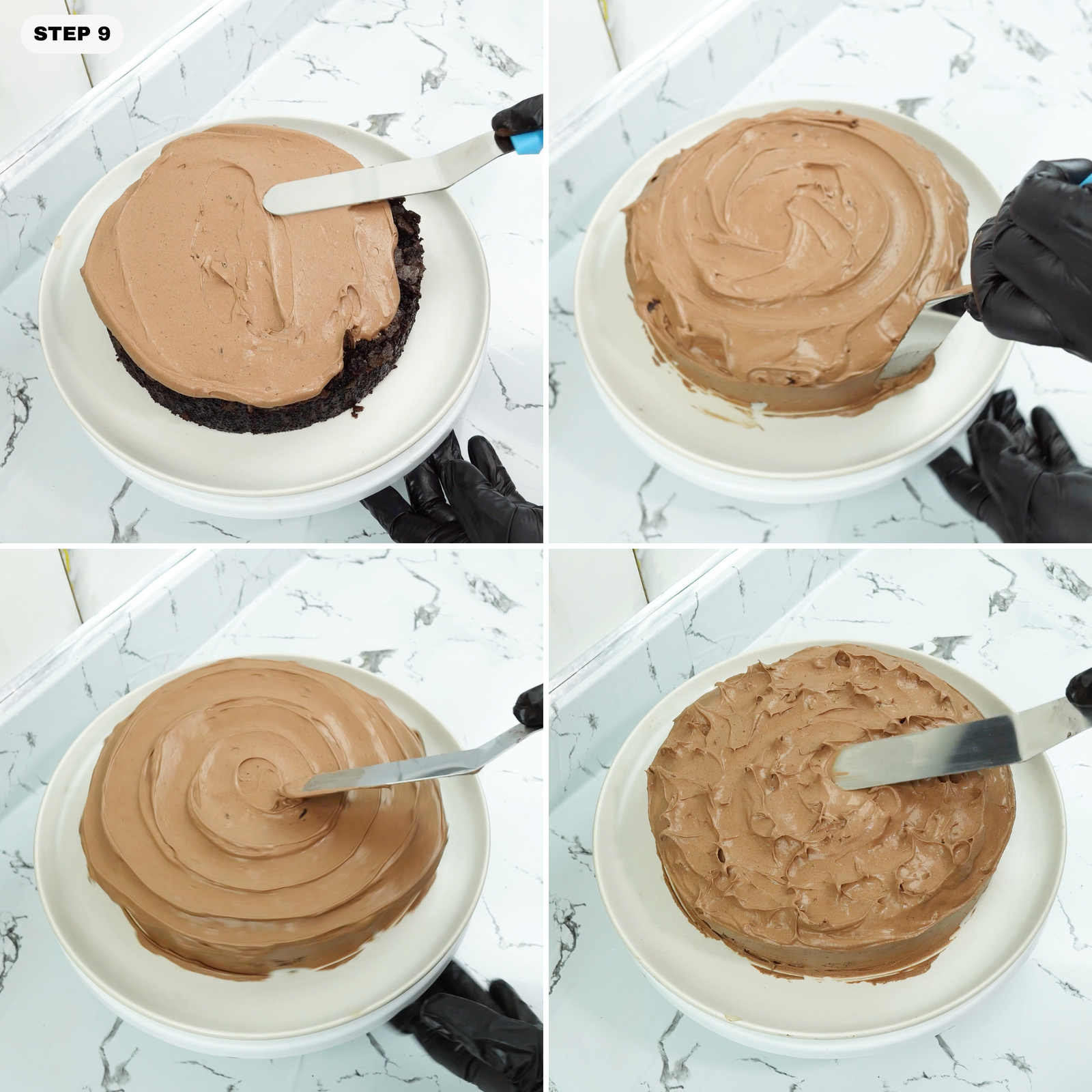 Fully frosted chocolate fudge cake with swirled ganache finish on top