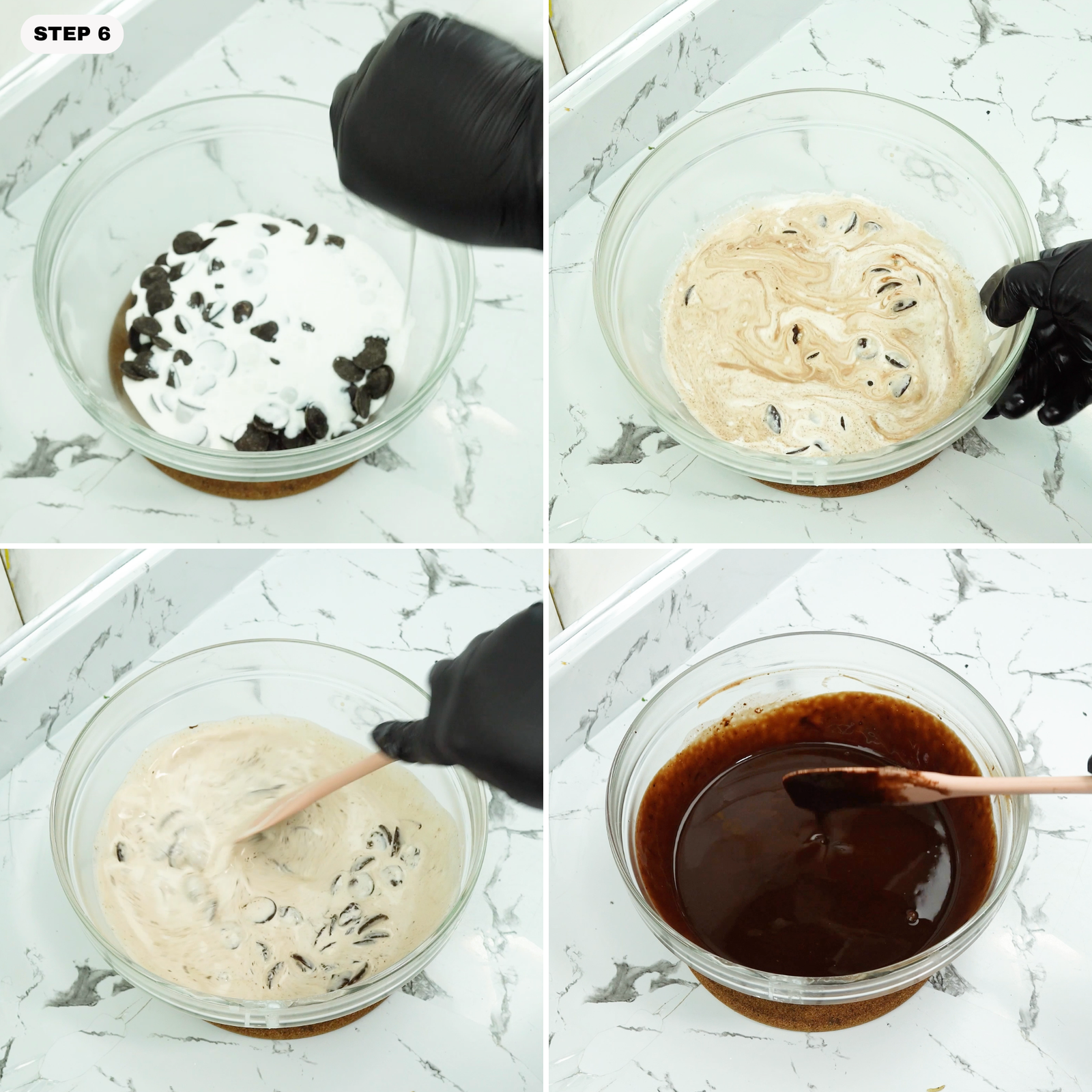 Heavy cream poured over chocolate chips in a bowl and stirred into ganache