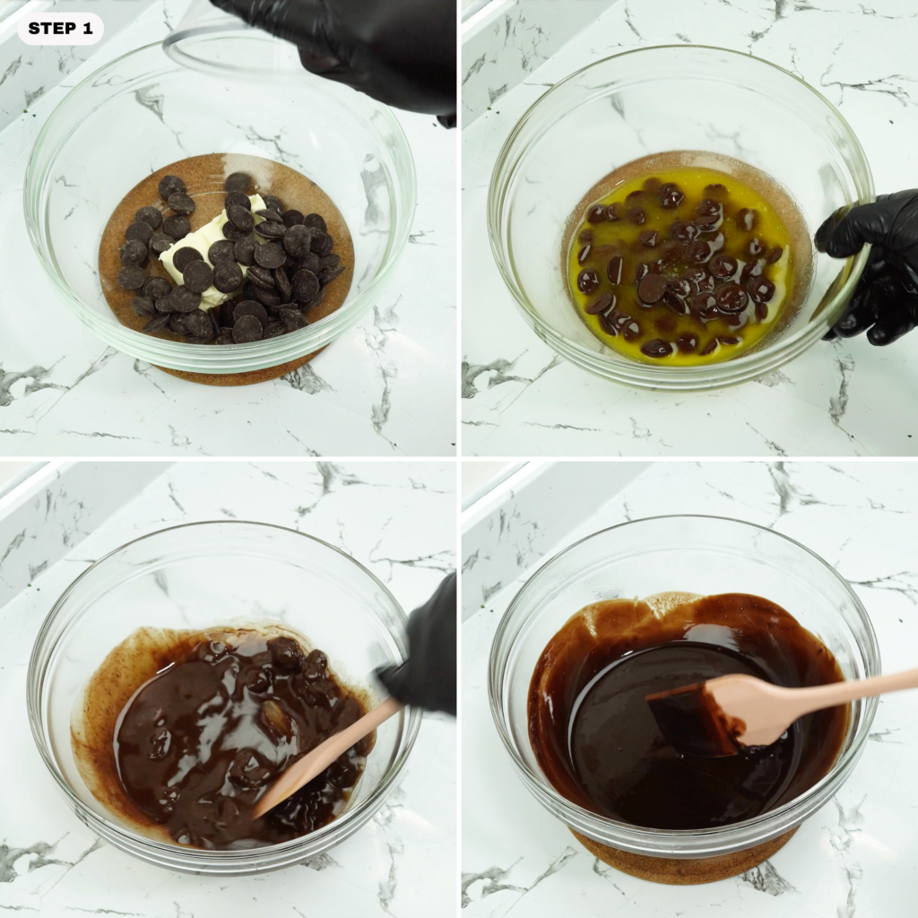 Dark chocolate chips and butter melting together in a glass bowl