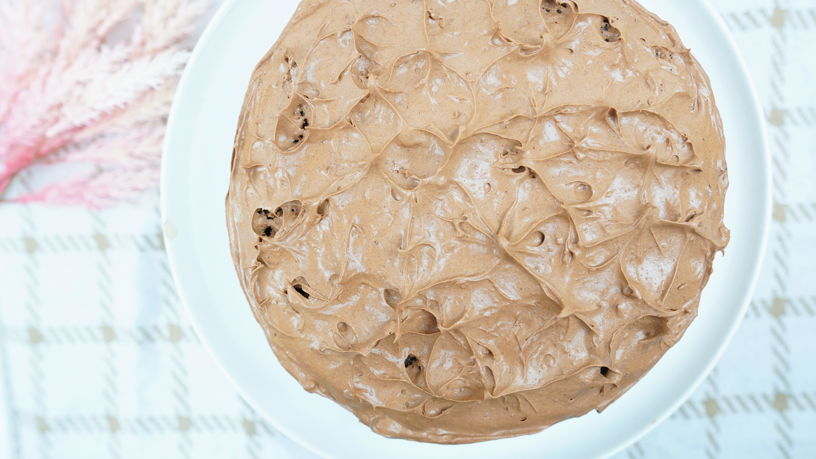 Overhead view of a frosted chocolate fudge cake on a white plate