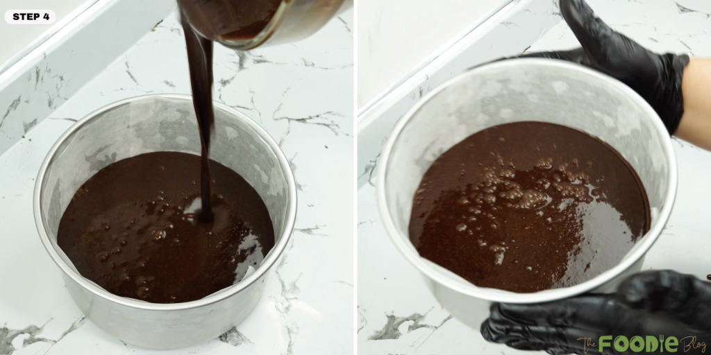 Chocolate cake batter being poured into a parchment-lined round cake pan