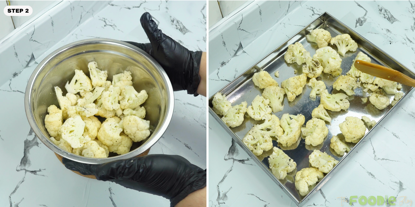Cauliflower florets seasoned in a bowl and spread onto a sheet pan