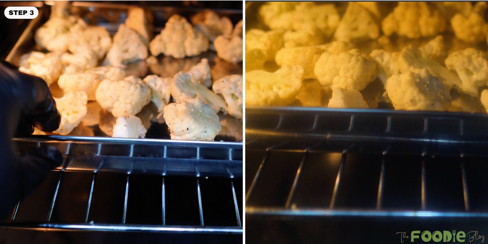 Cauliflower florets roasting on a tray inside the oven