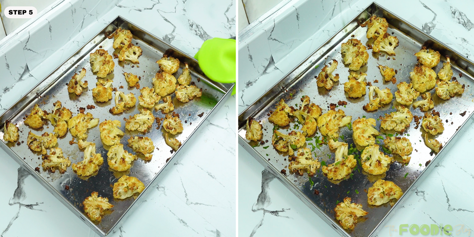 Roasted cauliflower florets browned and sprinkled with chopped herbs on a sheet pan